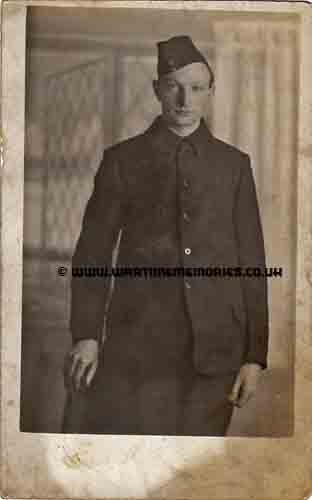 Pte William John Lathlane Photo taken by E.G.Brewis at Newcastle upon Tyne October 1914 showing William John Lathlane wearing the Blue Kitchener uniform given to new recruits at the outbreak of war. 